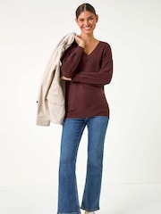 Roman Brown Plain V-Neck Stretch Jumper - Image 4 of 6
