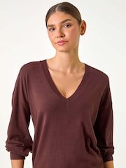 Roman Brown Plain V-Neck Stretch Jumper - Image 5 of 6