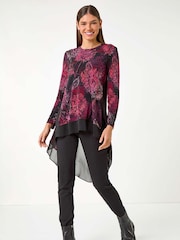 Roman Floral Print Chiffon Hem Stretch Top - Image 3 of 5
