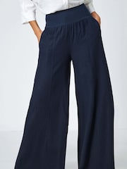Roman Blue Linen Blend Wide Leg Trousers - Image 1 of 4