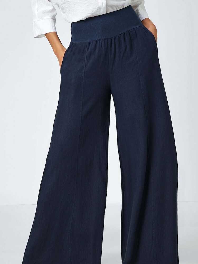 Roman Blue Linen Blend Wide Leg Trousers - Image 1 of 4