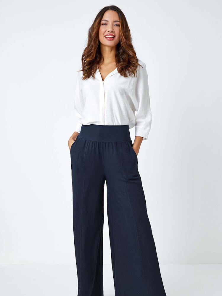 Roman Blue Linen Blend Wide Leg Trousers - Image 4 of 4