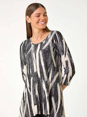 Roman Natural Brush Print Hanky Hem Stretch Tunic Top - Image 1 of 5