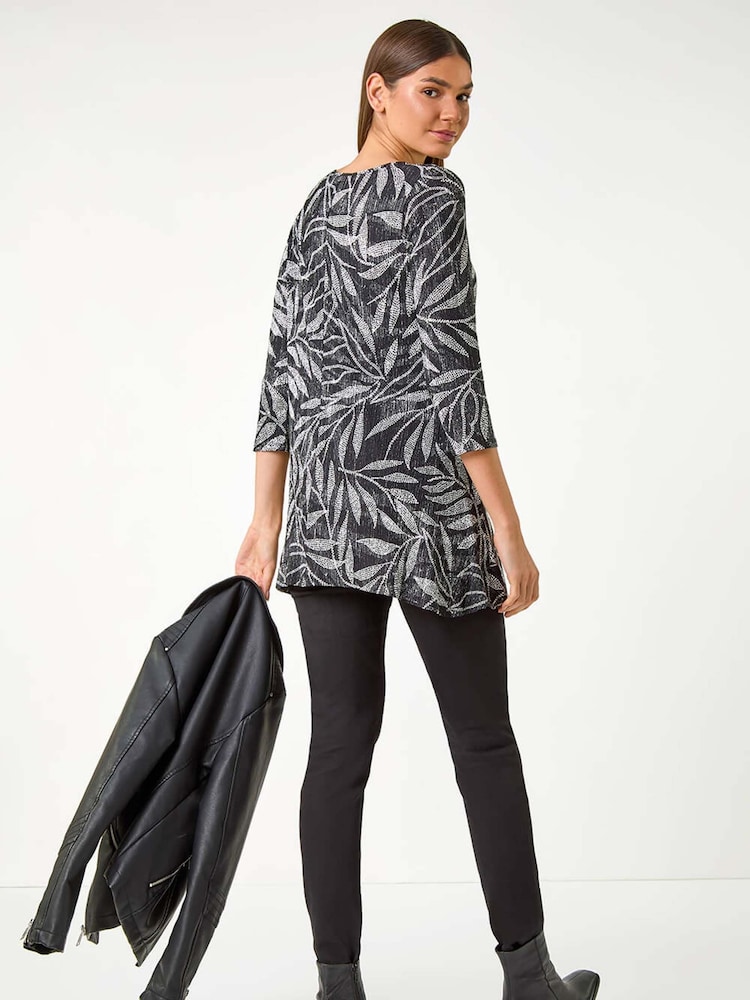 Roman Black Leaf Print Asymmetric Tunic Stretch Top - Image 2 of 5 Roman Black Leaf Print Asymmetric Tunic Stretch Top - Image 2 of 5