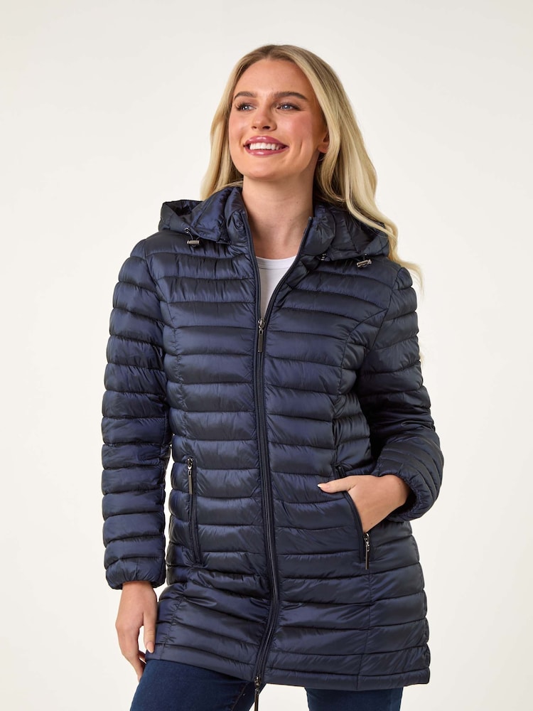 Roman Blue Petite Metallic Finish Quilted Puffer Coat - Image 1 of 5