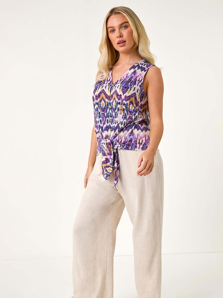 Roman Purple Petite Burnout Tie Front Stretch Top - Image 2 of 5
