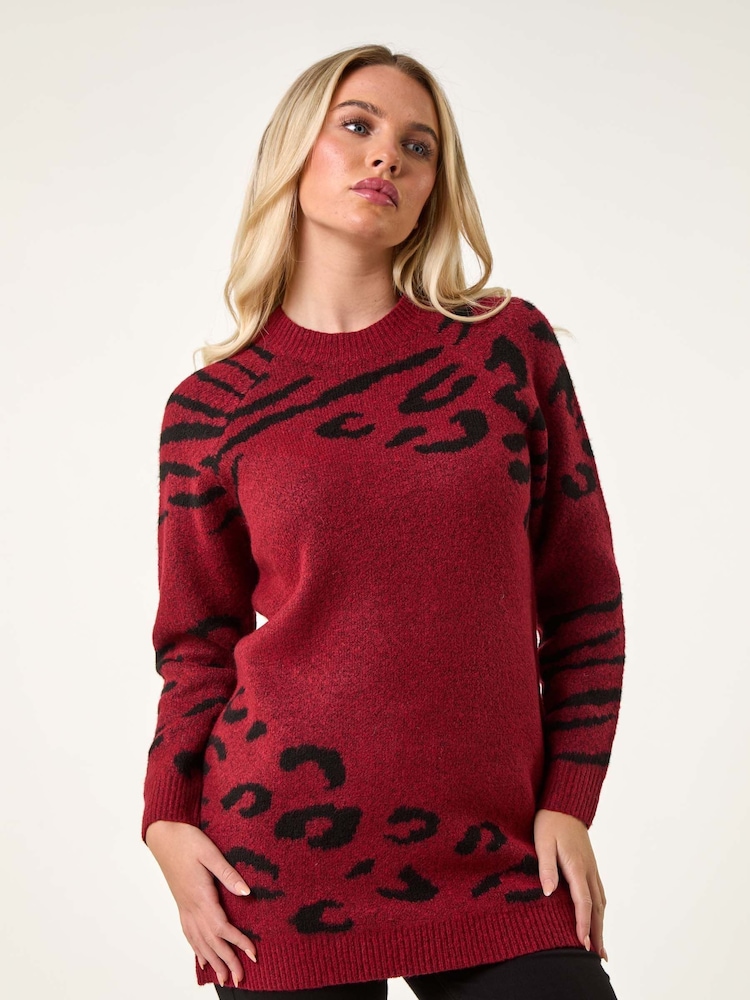 Roman Red Petite Animal Print Longline Stretch Jumper - Image 1 of 5