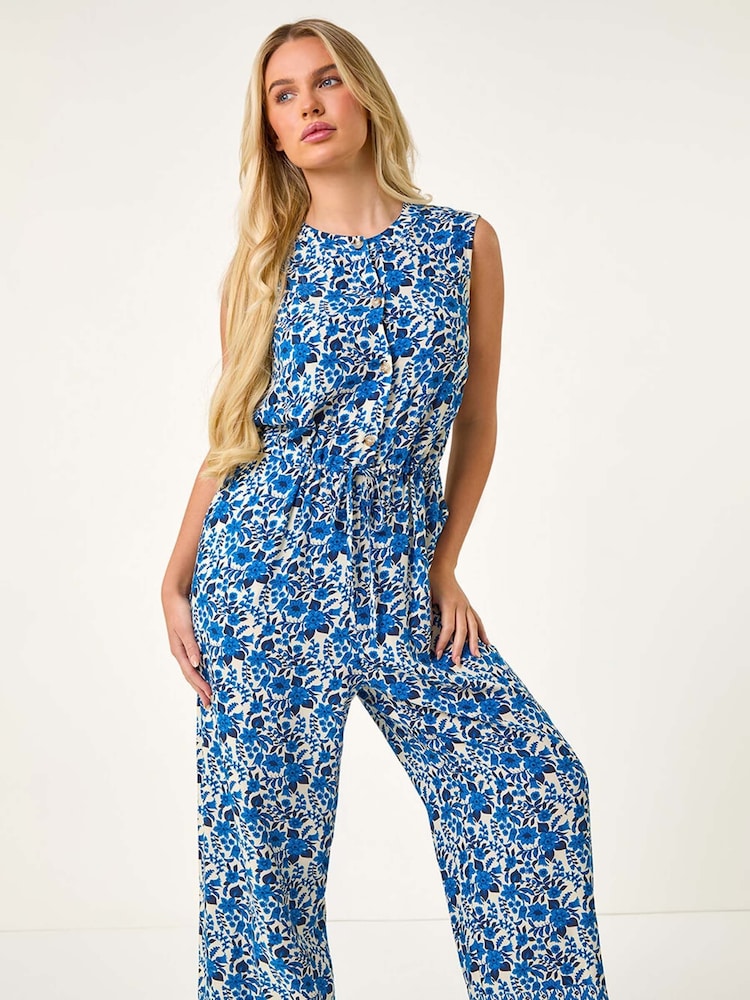 Roman Blue Petite Floral Border Print Jumpsuit - Image 2 of 5