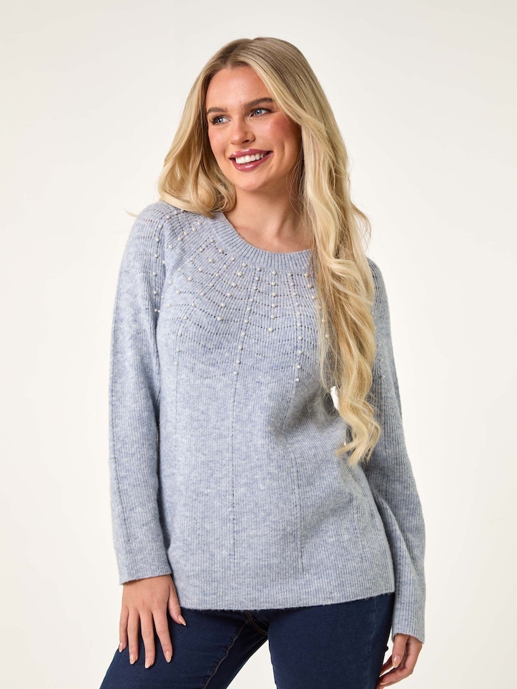 Roman Blue Petite Pearl Detail Knit Jumper - Image 1 of 5