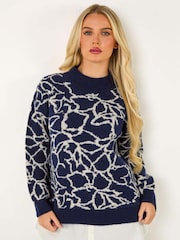Roman Blue Floral Contrast Knit Jumper - Image 1 of 6