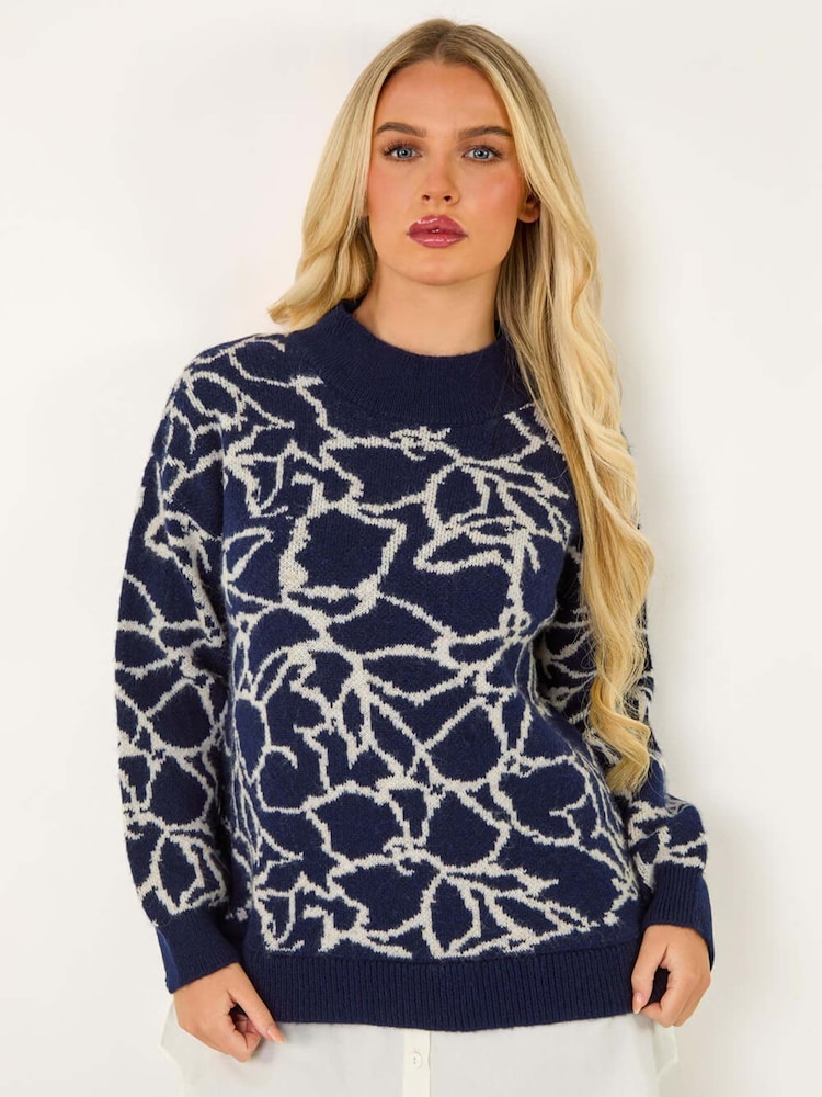 Roman Blue Floral Contrast Knit Jumper - Image 1 of 6 Roman Blue Floral Contrast Knit Jumper - Image 1 of 6