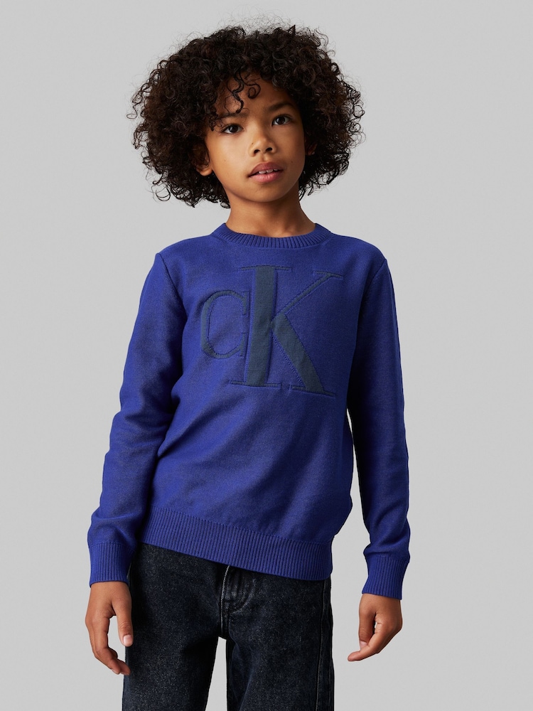 Calvin Klein Blue Regular Fit Monogram Jumper - Image 1 of 4