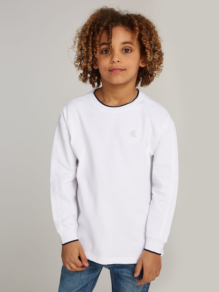 Calvin Klein White Long Sleeved Pique Relaxed Tipping T-Shirt - Image 1 of 3
