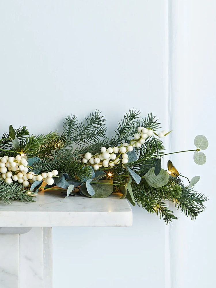 Lights4fun 2m Pre Lit Eucalyptus Christmas White Berry Garland - Image 1 of 2