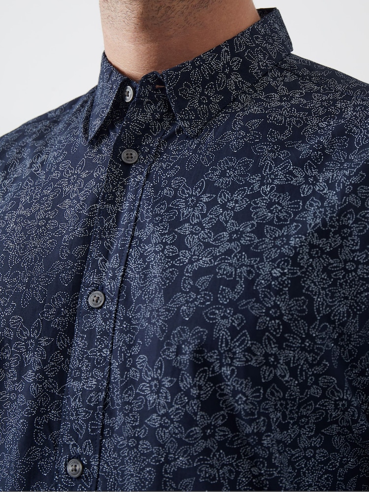 French Connection Blue 100% Cotton Floral Long Sleeve Shirt - Image 4 of 4