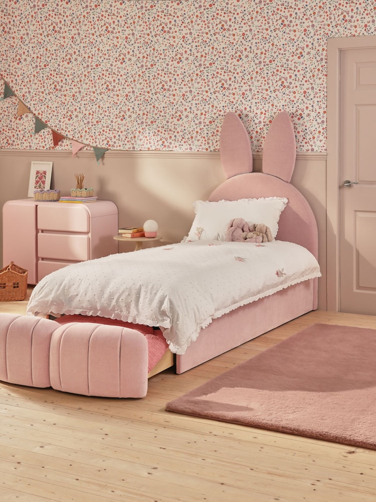 Opulent Chenille Light Rose Pink Kids Bunny Upholstered Drawer Bed - Image 2 of 6