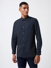 French Connection Blue 100% Cotton Micro Print Long Sleeve Shirt - Image 1 of 3