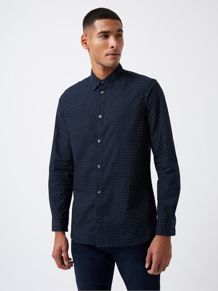 French Connection Blue 100% Cotton Micro Print Long Sleeve Shirt - Image 1 of 3