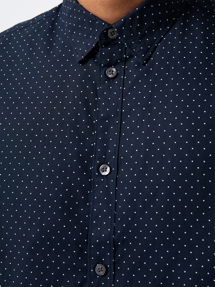 French Connection Blue 100% Cotton Micro Print Long Sleeve Shirt - Image 3 of 3