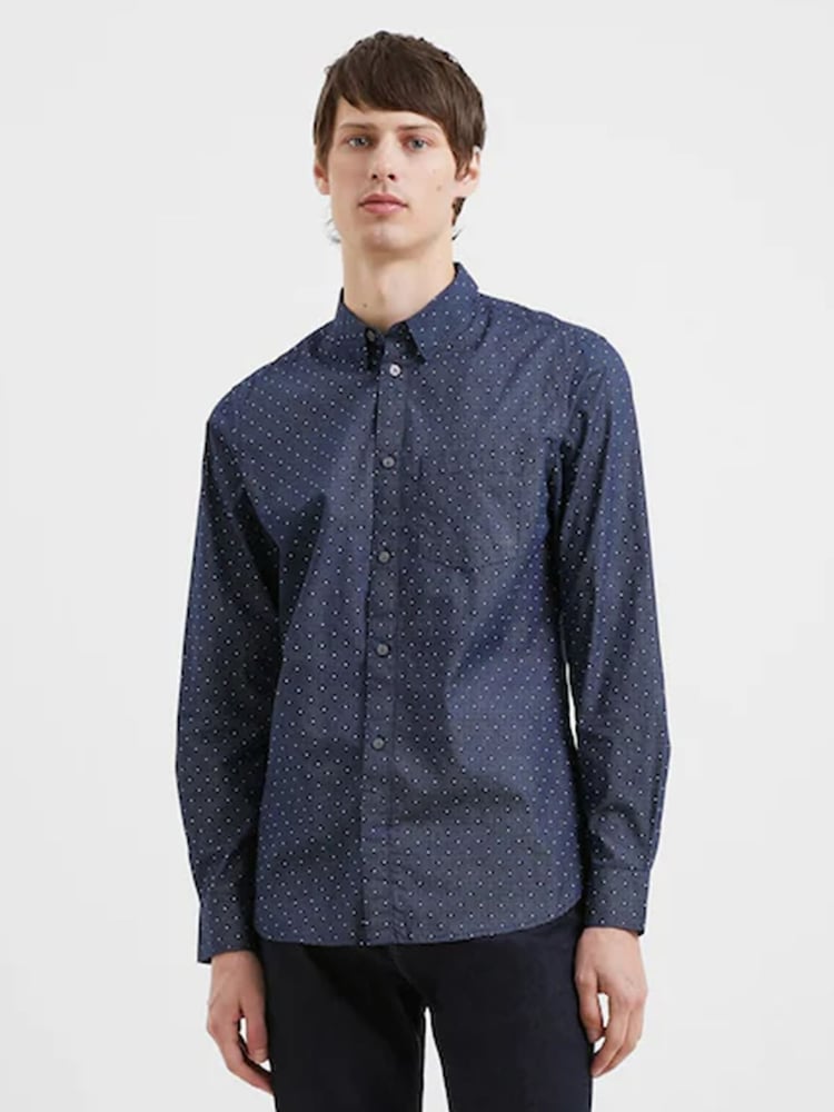 French Connection Navy Blue 100% Cotton Micro Print Long Sleeve Shirt - Image 1 of 4