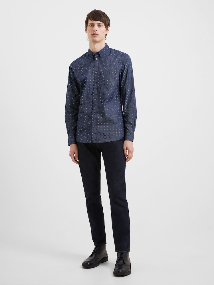 French Connection Navy Blue 100% Cotton Micro Print Long Sleeve Shirt - Image 2 of 4