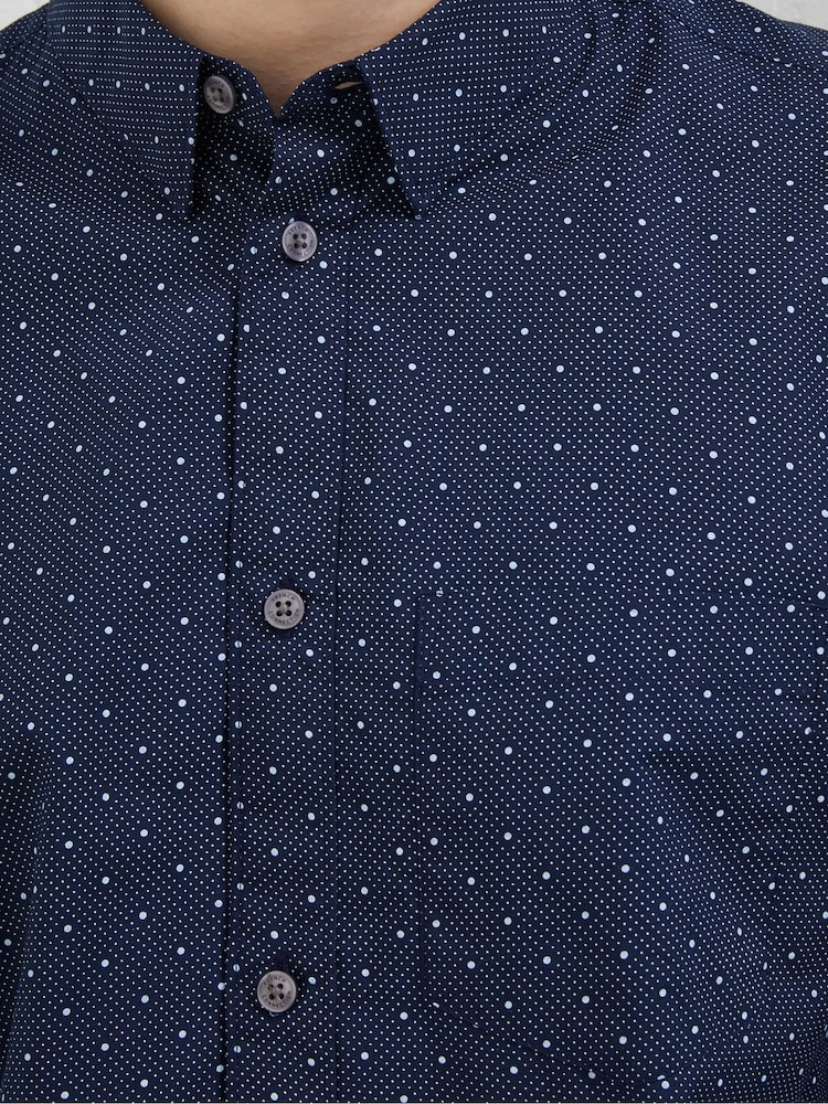 French Connection Navy Blue 100% Cotton Micro Print Long Sleeve Shirt - Image 4 of 4