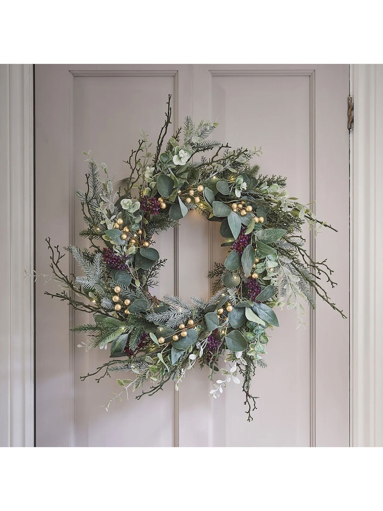 Lights4fun 45cm Pre Lit Eucalyptus Pine  Gold Berry Christm Wreath - Image 1 of 3