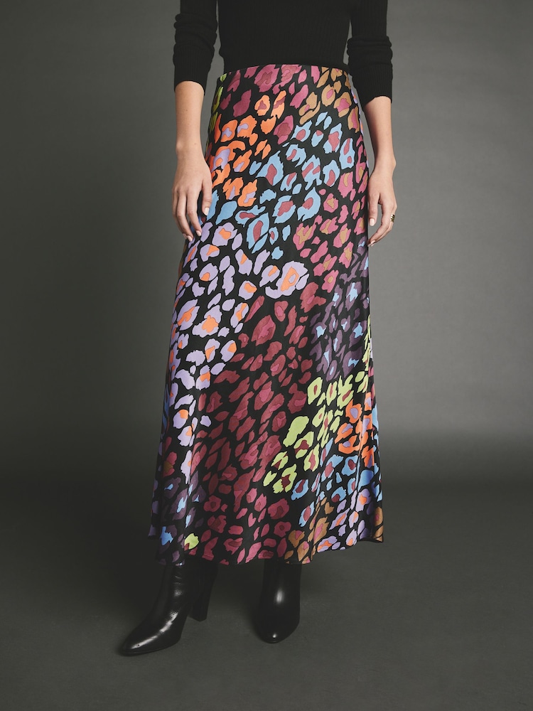 Bright Animal Printed Satin Midi Skirt - Image 1 of 4 Bright Animal Printed Satin Midi Skirt - Image 1 of 4