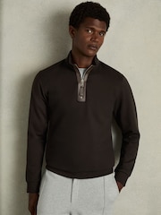 Reiss Chocolate Brown Hale Leather-Placket Interlock-Jersey Sweatshirt - Image 1 of 6