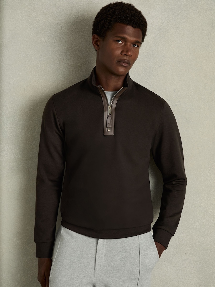 Reiss Chocolate Brown Hale Leather-Placket Interlock-Jersey Sweatshirt - Image 1 of 6