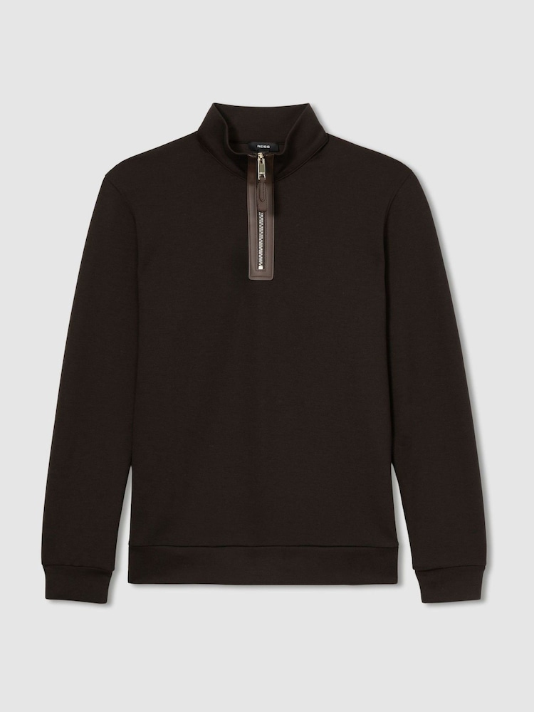 Reiss Chocolate Brown Hale Leather-Placket Interlock-Jersey Sweatshirt - Image 2 of 6