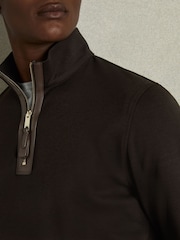 Reiss Chocolate Brown Hale Leather-Placket Interlock-Jersey Sweatshirt - Image 4 of 6