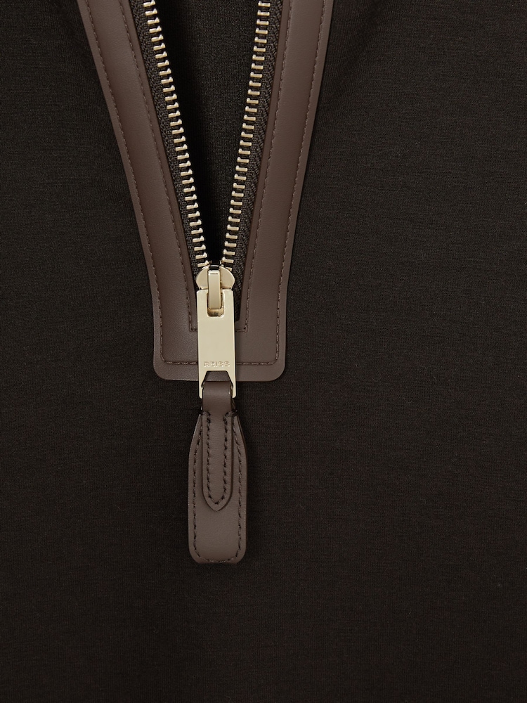 Reiss Chocolate Brown Hale Leather-Placket Interlock-Jersey Sweatshirt - Image 6 of 6