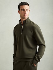 Reiss Forest Green Hale Leather-Placket Interlock-Jersey Sweatshirt - Image 1 of 5