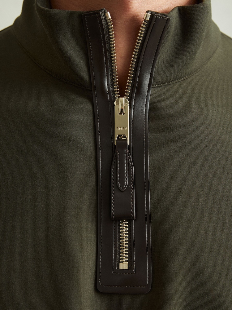 Reiss Forest Green Hale Leather-Placket Interlock-Jersey Sweatshirt - Image 3 of 5