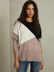 Reiss Camel/Black Faye Geometric Colour-Block Jumper With Wool And Cashmere - Image 1 of 6