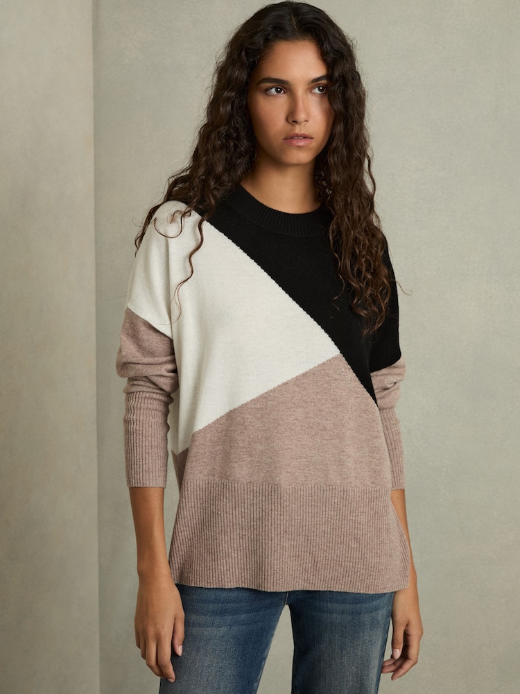 Reiss Camel/Black Faye Geometric Colour-Block Jumper With Wool And Cashmere - Image 1 of 6
