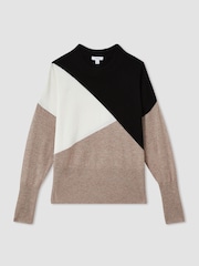 Reiss Camel/Black Faye Geometric Colour-Block Jumper With Wool And Cashmere - Image 2 of 6