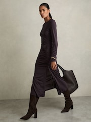 Reiss Burgundy Rosie Petite Jersey Ruched Midi Dress - Image 1 of 6