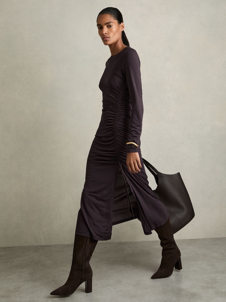 Reiss Burgundy Rosie Petite Jersey Ruched Midi Dress - Image 1 of 6