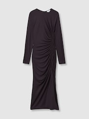 Reiss Burgundy Rosie Petite Jersey Ruched Midi Dress - Image 2 of 6