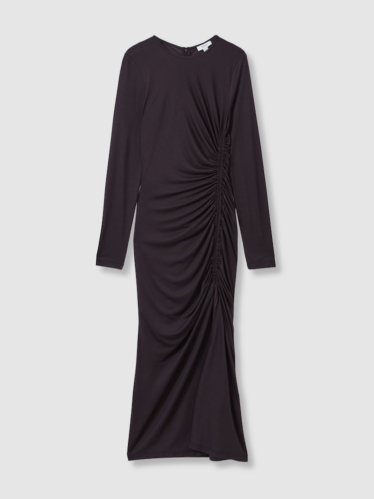 Reiss Burgundy Rosie Petite Jersey Ruched Midi Dress - Image 2 of 6