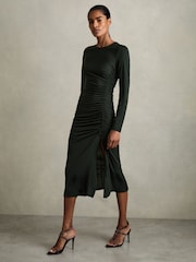 Reiss Dark Green Rosie Petite Jersey Ruched Midi Dress - Image 1 of 8