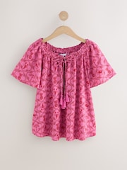 Pink/Red Lobster Print Short Sleeve Tie Neck Bardot Top With Linen - Image 1 of 3