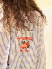 Blue/White Stripe Tomato Graphic Long Sleeve 100% Cotton Relaxed Lightweight Shirt - Image 4 of 8