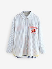 Blue/White Stripe Tomato Graphic Long Sleeve 100% Cotton Relaxed Lightweight Shirt - Image 5 of 8