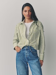 Green Stripe Oversized Long Sleeve 100% Cotton Cropped Shirt - Image 1 of 9