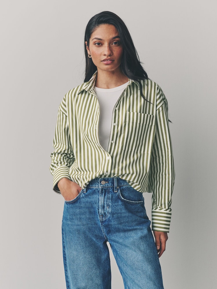 Green Stripe Oversized Long Sleeve 100% Cotton Cropped Shirt - Image 1 of 9