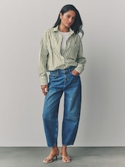 Green Stripe Oversized Long Sleeve 100% Cotton Cropped Shirt - Image 3 of 9