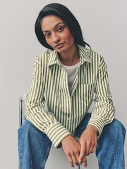 Green Stripe Oversized Long Sleeve 100% Cotton Cropped Shirt - Image 4 of 9
